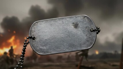 Soldier's dog tag on battlefield with explosions and smoke. Memorial Day tribute video. Honoring fallen heroes and veterans. War concept for remembrance.