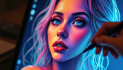 Woman artist works on digital drawing tablet, creating artwork. Colorful portrait with vibrant blue eyes, pink, orange lights. Digital art, creative design, hand with pen on screen. Modern tech,