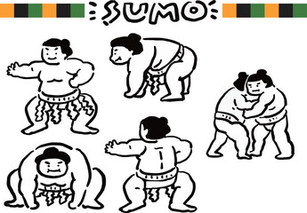 力士のゆるい線画風イラストセット