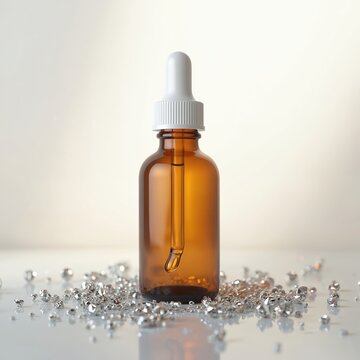 Glass dropper bottle colloidal silver liquid. Medicine, health care, alternative holistic medicine, supplement, wellness. Metallic silver drops around bottle.