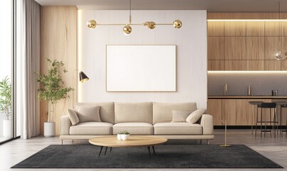 Modern living room featuring a sofa coffee table and artwork