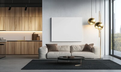Contemporary living room with an open kitchen and modern design