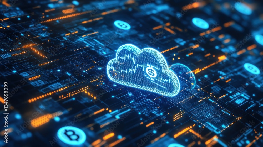 Poster digital cloud computing, a futuristic visualization of cryptocurrency and cloud storage integration
