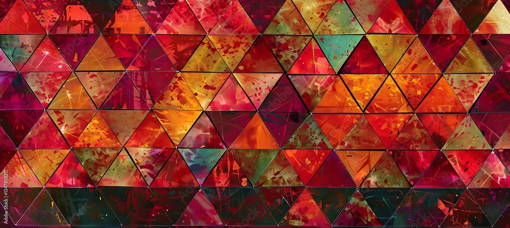 Poster backdrop made of equilateral triangles in bright red colors arranged in tessellation – empty templat