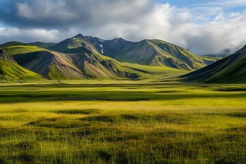 Fototapeta premium Feel green grass unite with land and air in a calm color charm 