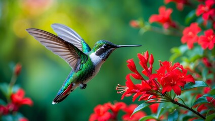 Fototapeta premium Beautiful female Blue-Tailed Emerald (Chlorostilbon mellisugus) hummingbird in flight feeding on red flowers. Ai Generative.