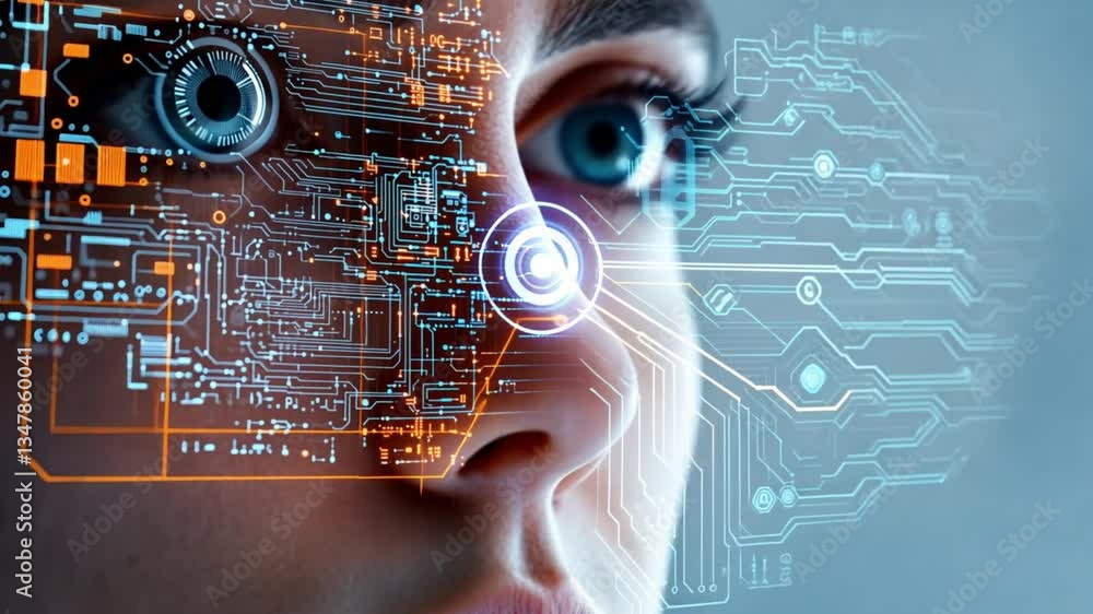 Poster woman's face with circuit overlay: a visual representation of artificial intelligence and human conn