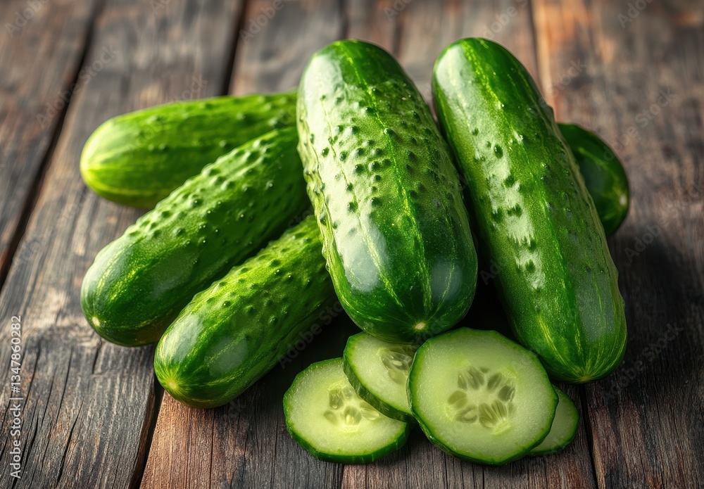 Poster fresh cucumbers stacked on a rustic wooden table with sliced pieces showcasing their crisp texture a