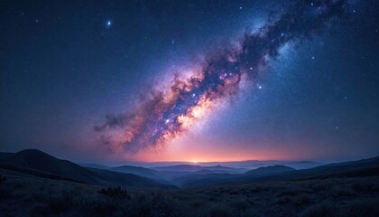 Night landscape shows Milky Way galaxy colorful sky. Hills, mountains silhouette against starry backdrop. Beautiful night sky with universe, galaxy, stars. Nature travel background.