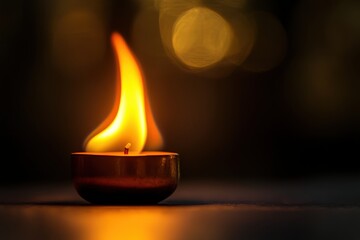 A single candle is lit in dim and dark surroundings