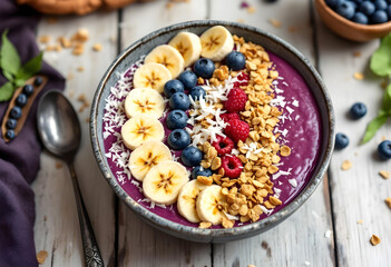 Healthy acai bowl with banana, blueberries, raspberries, granola, and coconut flakes.