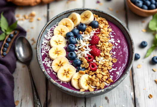 Healthy acai bowl with banana, blueberries, raspberries, granola, and coconut flakes.