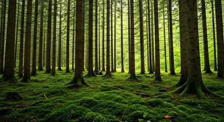 Fototapeta premium A lush green forest with tall trees and soft sunlight filtering through the leaves, AI Generated