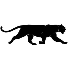 Naklejka premium A black panther silhouette walking with its tail curved upwards on a white isolated background image