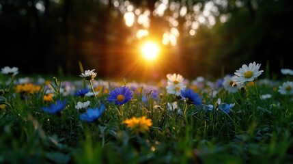 Obraz premium Sunset meadow ablaze with wildflowers. Sunlight filters through trees, illuminating a vibrant display of colorful blossoms