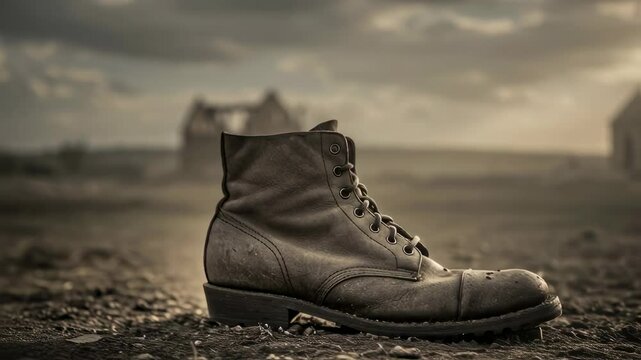 Worn military boot on battlefield at sunset. Abandoned houses in background. Powerful image for Veterans Day, Memorial Day, or anti-war campaign