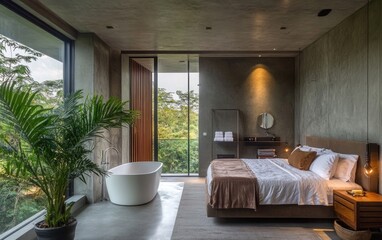 A modern bedroom with a bathtub and lush green landscape