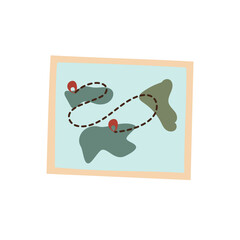 A colorful illustrated map features a playful design with winding paths and two distinct markers representing points of interest. The background is a soft blue, while the land masses are depicted in g