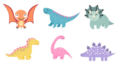 Cute Dinosaurs icon set. Cute Dinosaurs icon collection. Vector of various types of Dinosaurs icon isolated on white background. Flat icon.