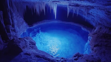 Deep blue cavern pool. Icy formations hang from the dark, rocky cave roof, above a mesmerizingly deep, vibrant blue pool