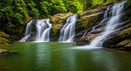 Fototapeta premium A peaceful waterfall cascading over rocks into a green pool, surrounded by foliage, Ai Generated