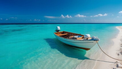 Fototapeta premium Heavenly-looking solitary beach with turquoise colored water and fishing boat in the Caribbean Sea. Ai Generative.