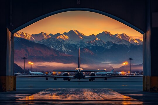 Sunrise Jet Departure, Mountain View, Airport Hangar