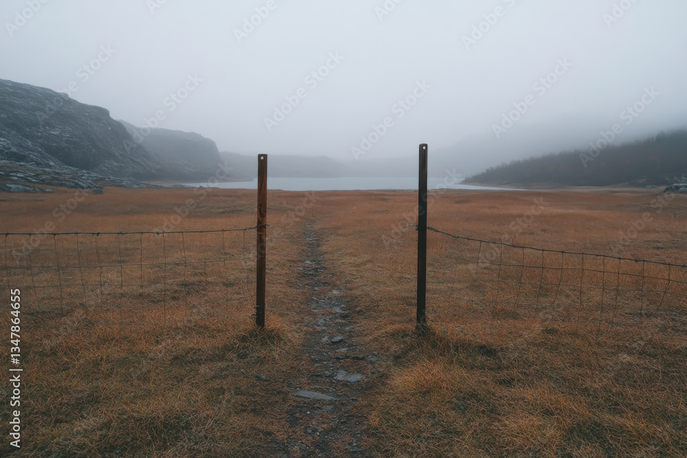 Poster a fence with two posts in a field with a lake in the background