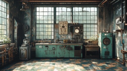 A rustic room with large windows and old equipment.