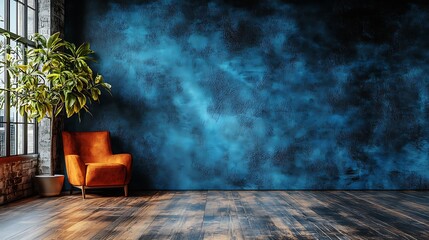 A modern living room with an orange chair and plant