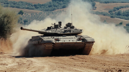 Carro de combate avanzando en terreno polvoriento