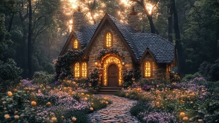 Obraz premium Quaint cottage nestled in forest with lights and vibrant flowers. Serene view