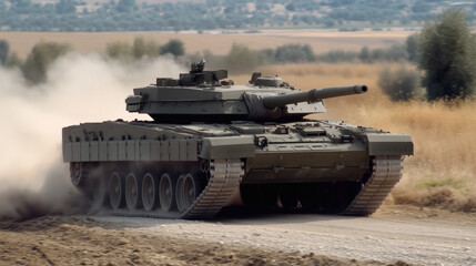 Carro de combate avanzando en terreno polvoriento