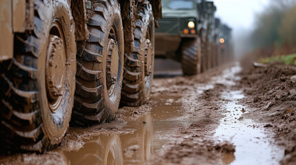 Columna de vehículos militares todoterreno en formación