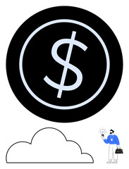 Large dollar sign within a circle above a cloud outline, businessman in blue holding a glowing light bulb. Ideal for finance, innovation, creativity, cloud computing, investment, inspiration, digital
