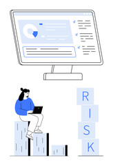 Desktop screen with analytics, person using laptop on bar graph steps, risk blocks. Ideal for data management, financial planning, decision-making, risk assessment, business growth, strategy