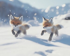 Two playful fox kit chase each other snow covered landscape leaving tiny paw print frost Hyper detailed fur ultra HD snow texture create flawless winter scene Cinematic framing natural winter lighting