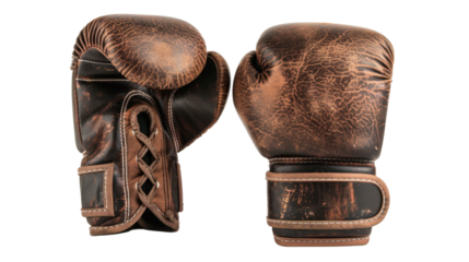 Pair of vintage worn leather boxing gloves isolated on transparent background