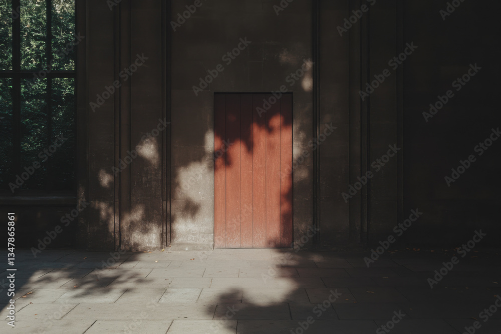 Poster a red door is in front of a building with a shadow on the ground