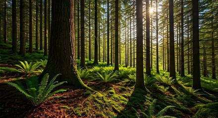 Obraz premium A sun-dappled forest with green ferns, moss, and tall trees reaching up to the sky, Ai Generated