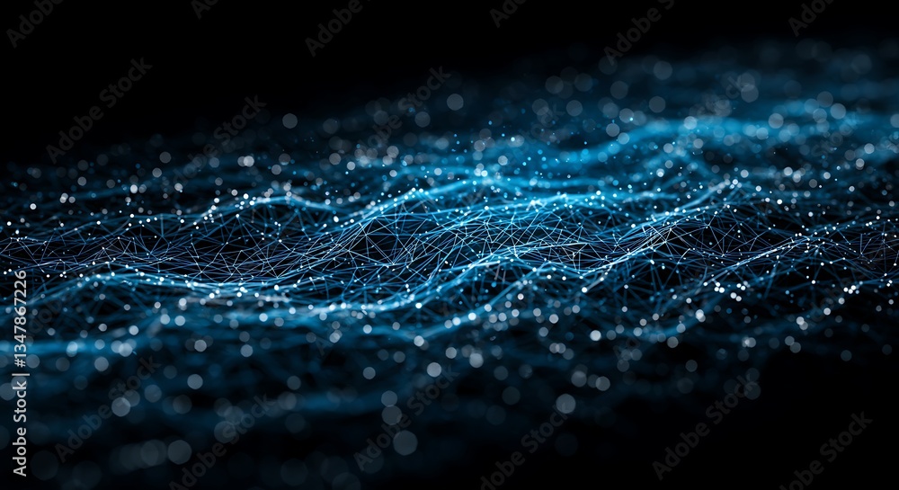 Poster glowing data network waving on dark backdrop futuristic connection plexus 4k