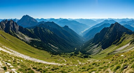 Obraz premium A sweeping view of a green valley framed by high, distant mountain peaks, Ai Generated