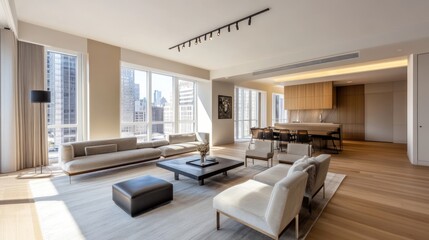 Fototapeta premium Luxury penthouse apartment featuring cityscape views and modern design