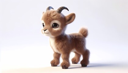 Charming 3D-rendered baby ibex standing on a white background with tiny horns.