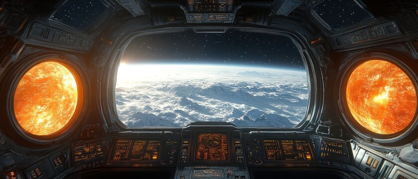 Spaceship view of planet and stars, with two suns.