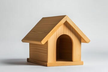 A small wooden dog house sits on a white background