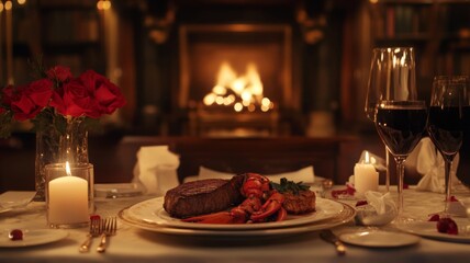 Romantic Dinner Setting with Steak Lobster and Wine