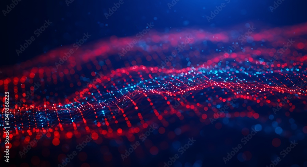 Poster abstract data network flowing pulsating in cyberspace red and blue bokeh effect