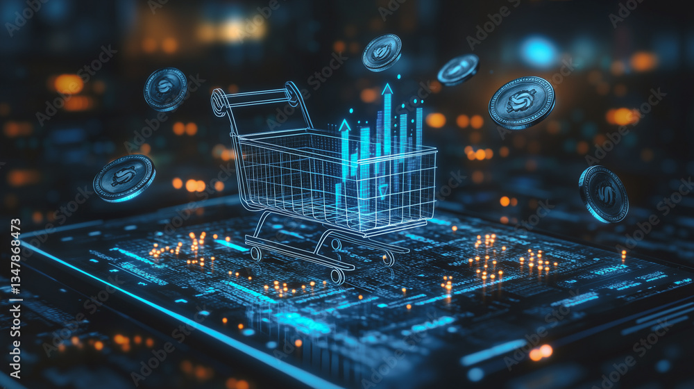 Poster digital commerce innovation concept: a holographic shopping cart emerges from a digital circuit boar