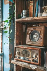 Two vintage radios displayed on a wooden shelf, surrounded by rustic and vintage elements. Warm tones and nostalgic setting make this image perfect for concepts like retro technology and rustic